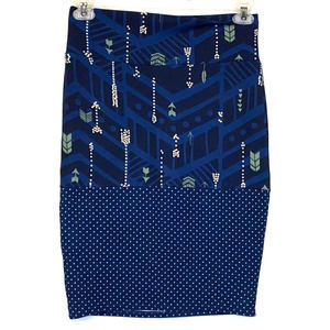 LuLaRoe Blue Cassie Skirt with Green Arrows and Polka Dots - Large